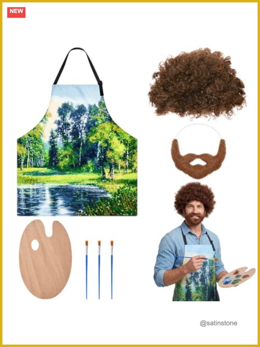 80s Painter Costume Set Curly Wig Beard Palette Apron Synthetic Fiber Adult